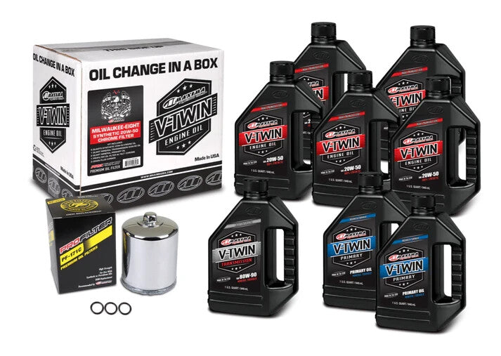 Maxima Synthetic 20W50 3 Hole Oil Change Kit Chrome Filter Harley M8 2017-2024