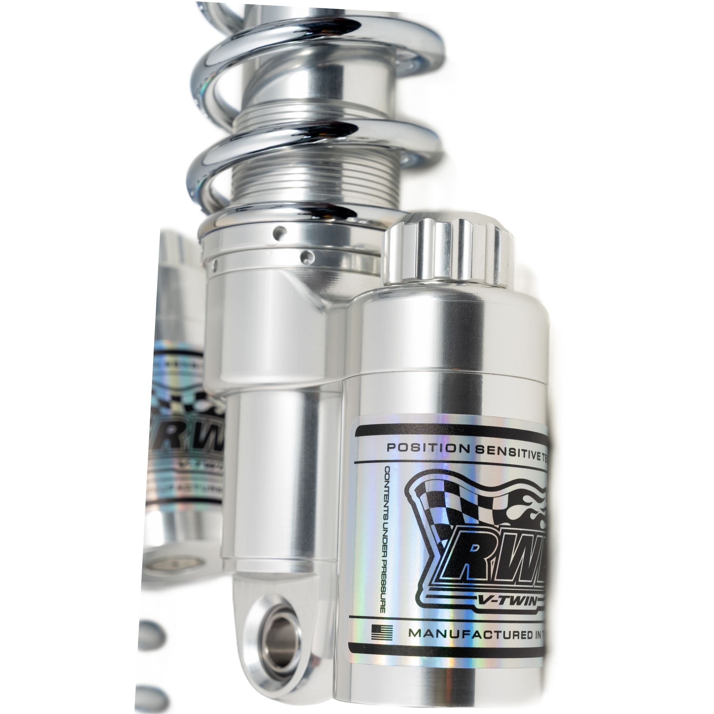 Close-up view of adjustable compression clicker on RWD RS-2 Rear Shock Absorber for 1999 - 2026 Harley Davidson Touring Models (POLISHED BODY / CHROME SPRINGS)