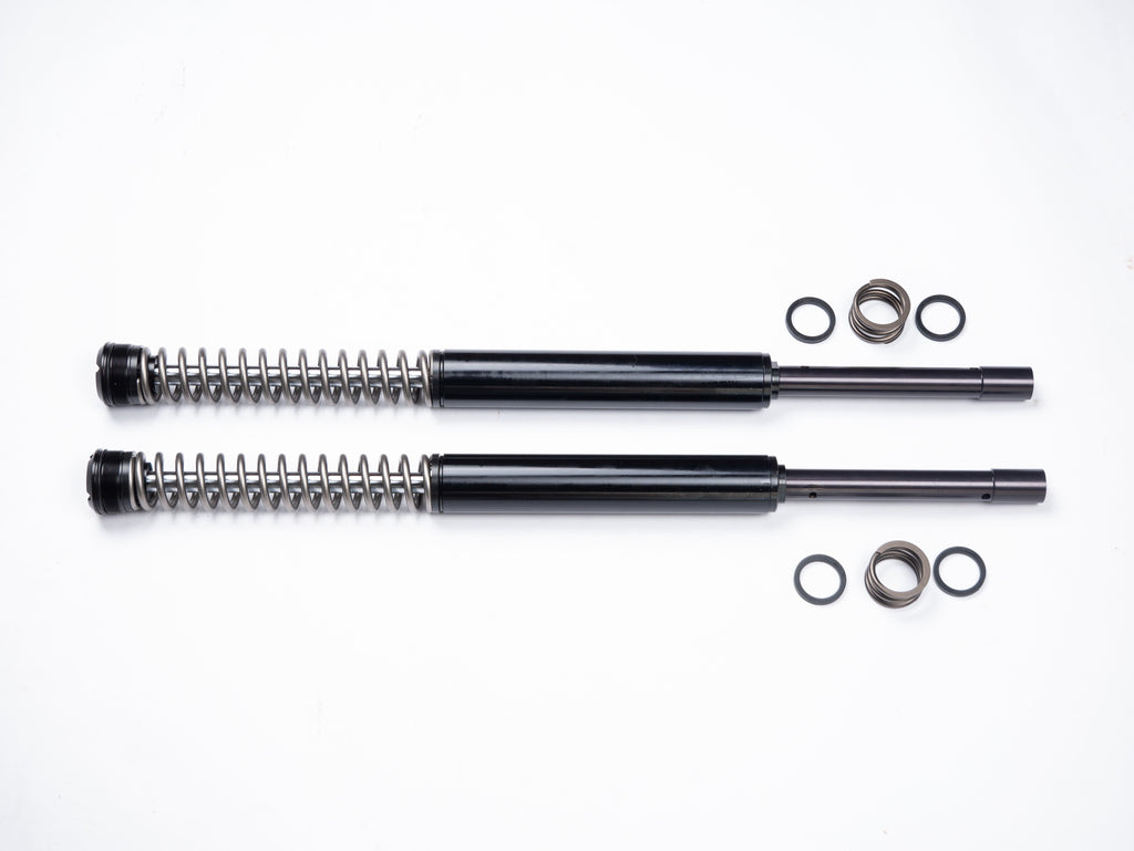 Parts of the RWD RS-1F softail front fork cartridge system laid out on a white background