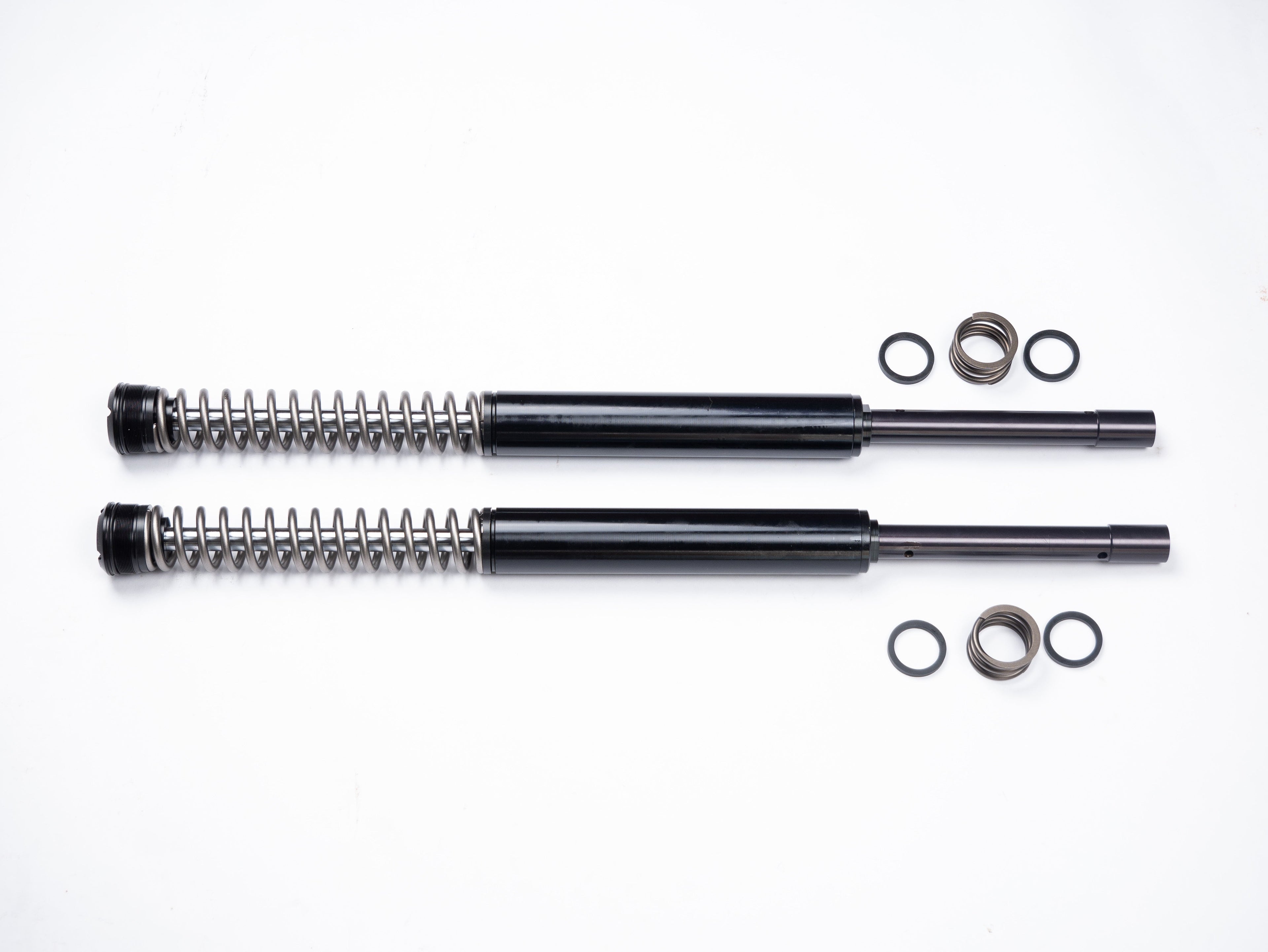Parts of the RWD RS-1F softail front fork cartridge system laid out on a white background