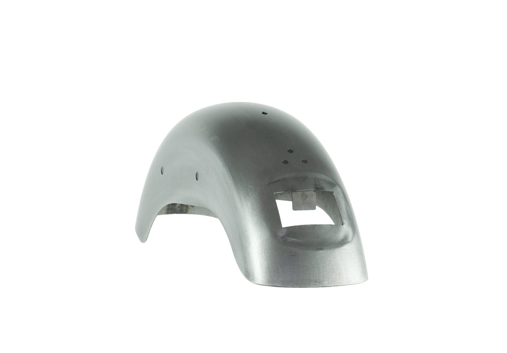 RWD V-Twin raw metal motorcycle fender with a smooth, curved surface, featuring several small holes and a rectangular cutout at the front.