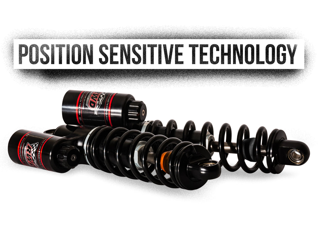 The image displays two black RWD V-Twin shock absorbers with springs, showcasing "POSITION SENSITIVE TECHNOLOGY" written in bold white text on a black background above them.