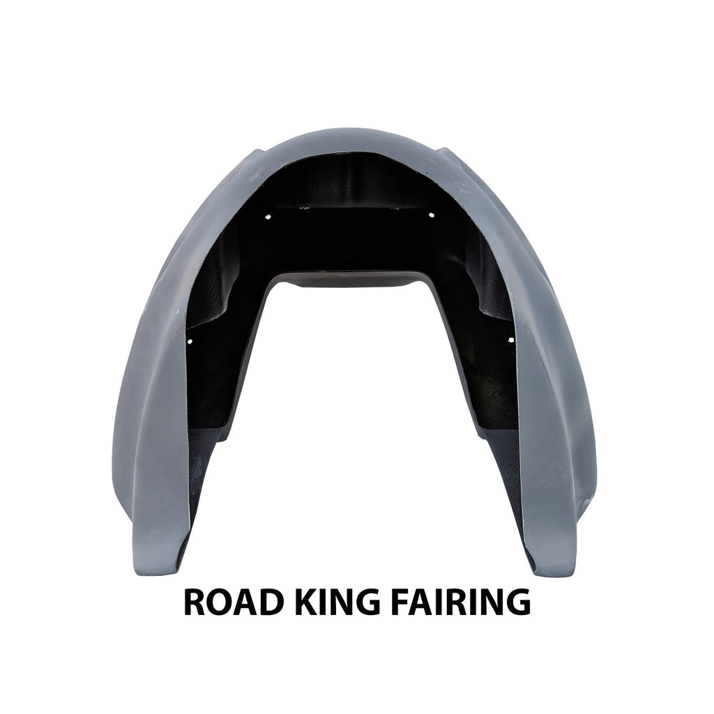 A gray RWD V-Twin Road King Fairing, shown from the front, on a white background.
